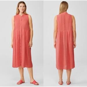 Eileen Fisher Mandarin Collar Dress Gingham Midi Sleeveless Dress Organic Linen